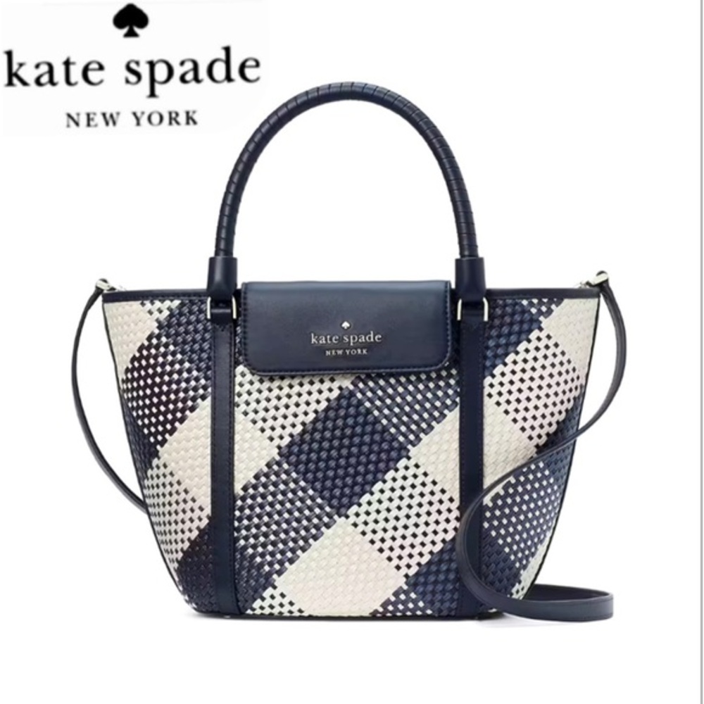 NWT KATE SPADE CRUISE GINGHAM MEDIUM TOTE BLAZER BLUE STRAW/LEATHER SHOULDER BAG